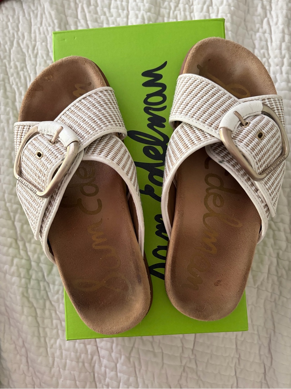 Sam Edelman Cream White Woven Buckle Slide Sandals